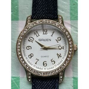 Gruen Gold Tone Rhinestone Bezel Denim Band Women’s Quartz Watch